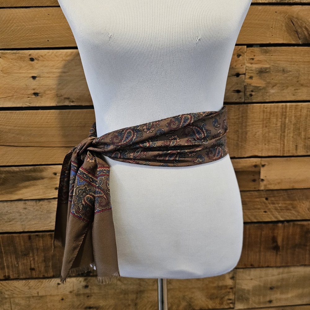 🐕 Vintage Roger Laurent Paris Brown Paisley Scarf 🐕 - Picture 3 of 12